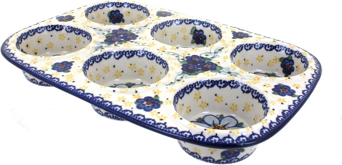 Blue Rose Polish Pottery - Blue Daisy Surprise Muffin Pan - 12" x 8" - Ceramic Baking Dish, 6-Cup Muffin & Cupcake Pan