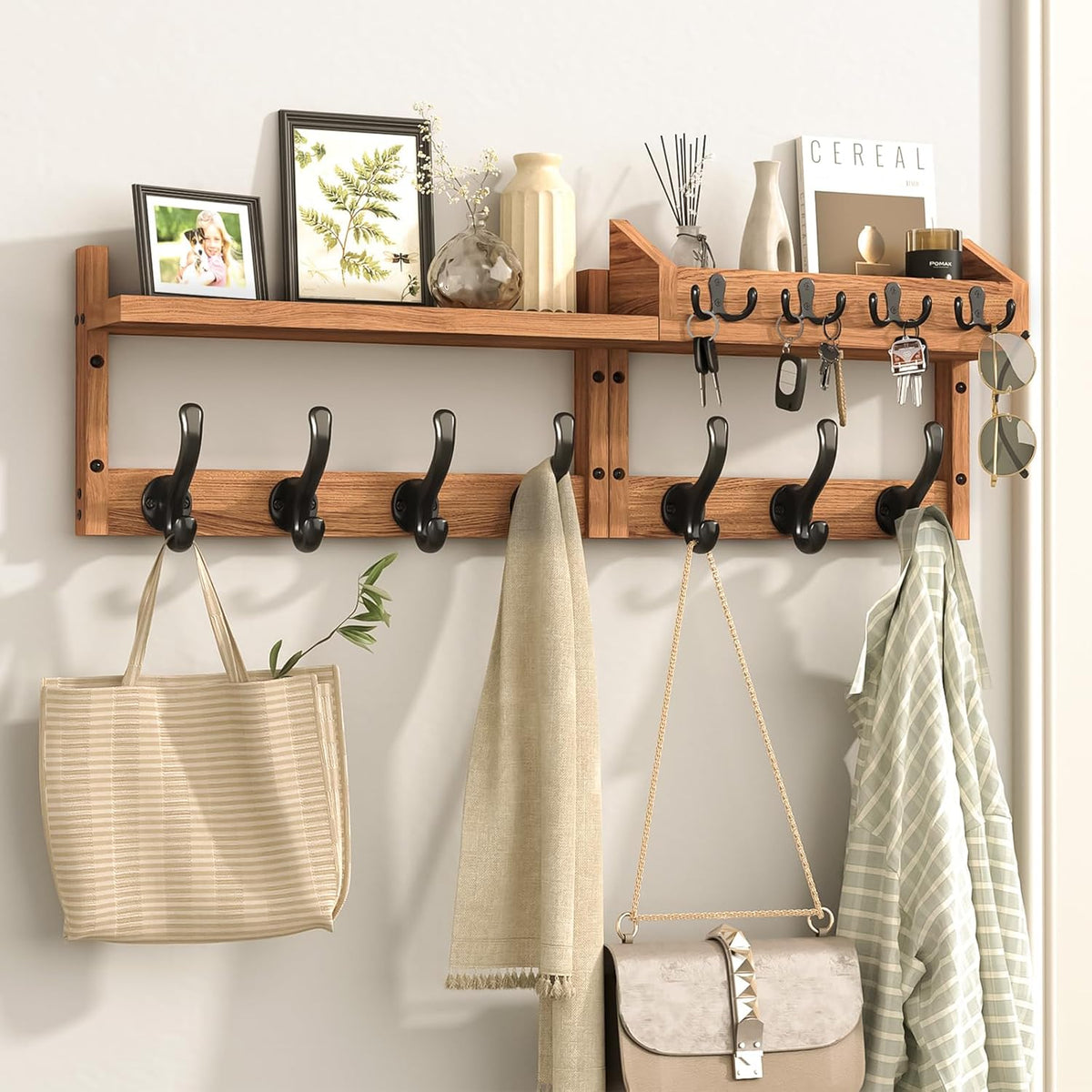 Evermagin 29" Coat Rack Wall Mount with Shelf, 4 in 1 Wall Mounted Coat and Key Hanger with 11 Hooks, Entryway Key Holder with Mail Holder for Living Room, Bedroom