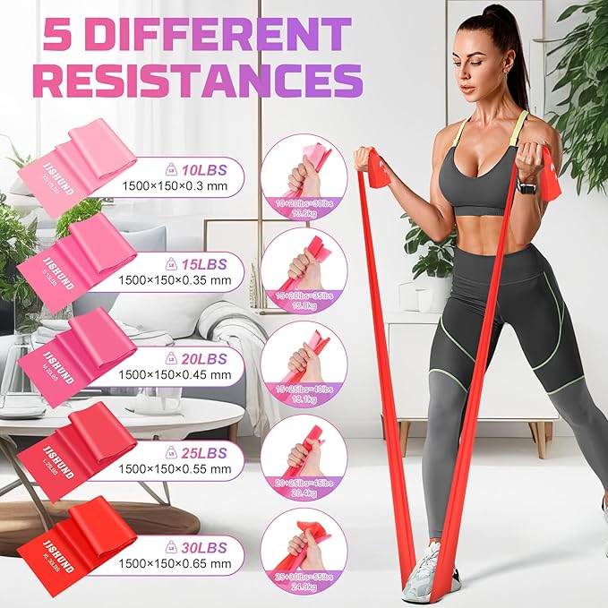 5 Pcs Resistance Bands, Professional Exercise Bands Elastic Stretch Bands for Fitness Yoga Pilates Stretching Strength Training, Workout Bands for Women and Men Home Gym
