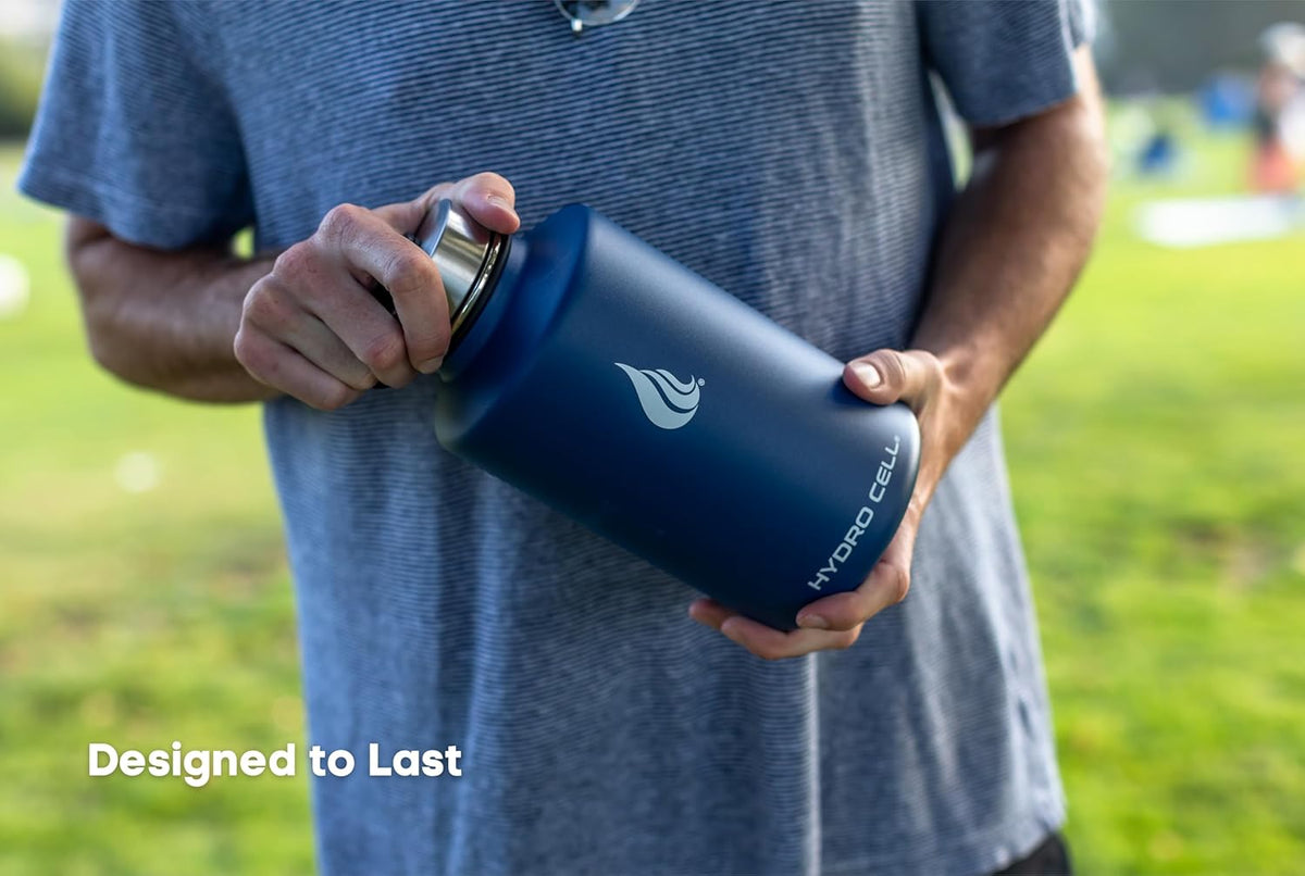 HYDRO CELL Stainless Steel Insulated Water Bottle with Straw - For Cold & Hot Drinks - Metal Vacuum Flask with Screw Cap and Modern Leakproof Sport Thermos for Adults (Navy 64oz)