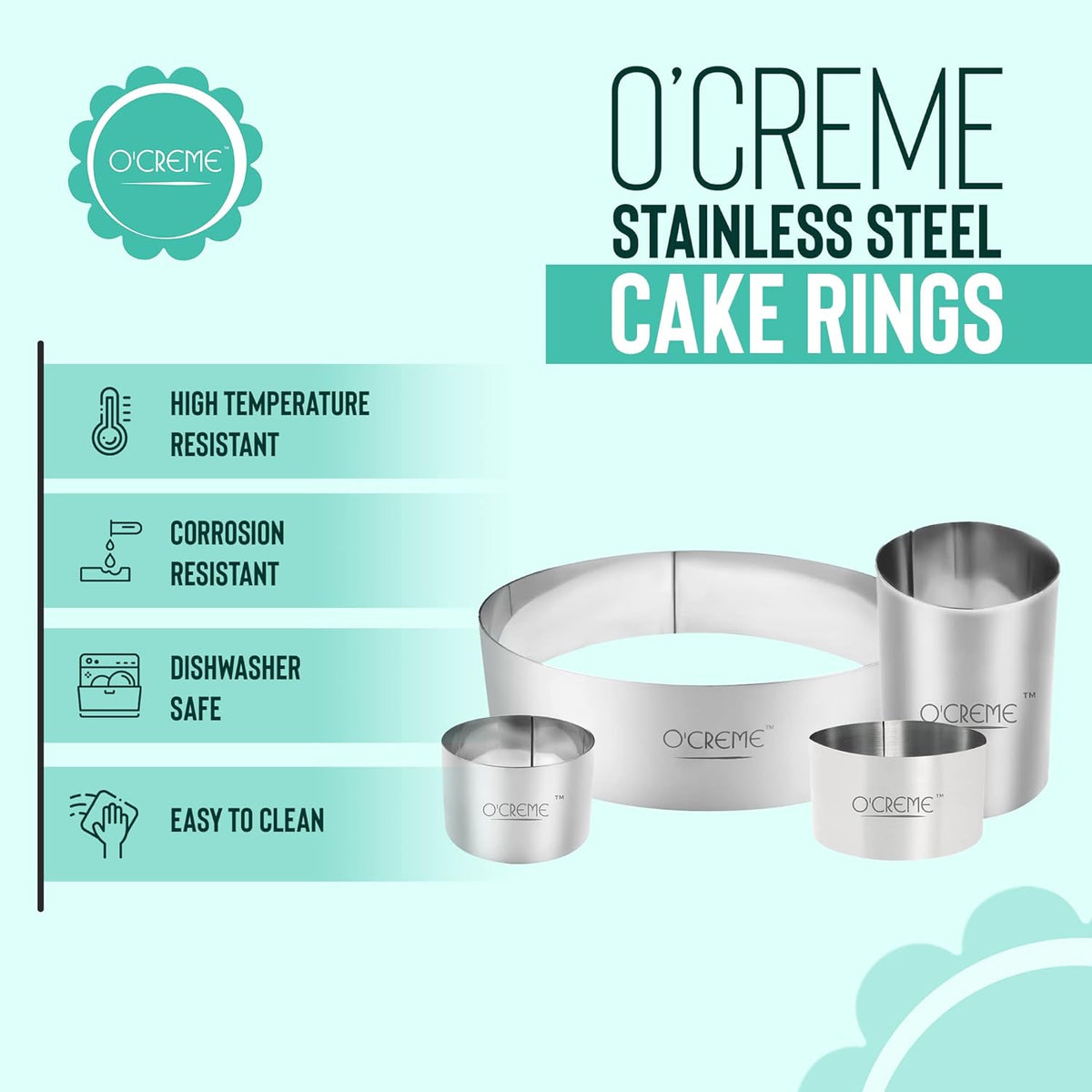O'Creme Cake Ring Sturdy Stainless Steel Round Mousse Cake Ring Mold for Baking, Dessert Cake Decorating Pastry Rings 4 Inch Diameter x 2 Inch High