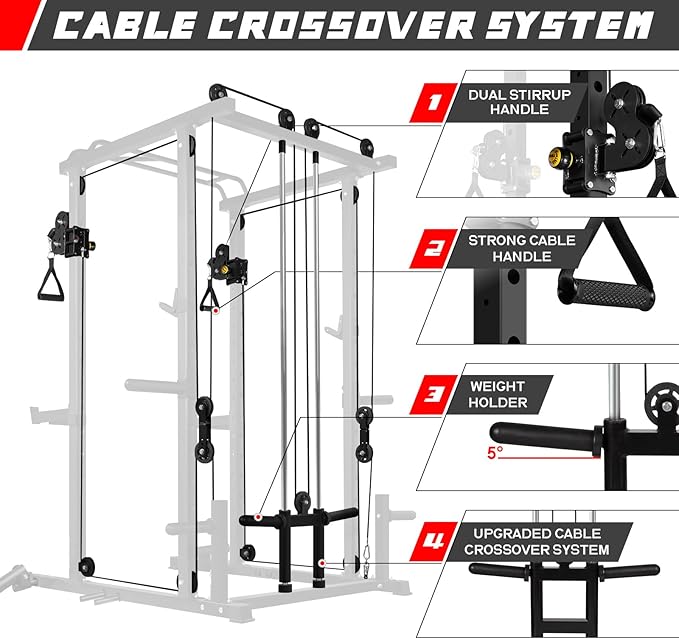 RitFit Multi-Function Squat Rack Power Cage PPC03 with Cable Crossover System, 1000LBS Capacity Power Rack and Packages with Optional Weight Bench, Barbell Weight Set, for Garage Workout & Home Gym
