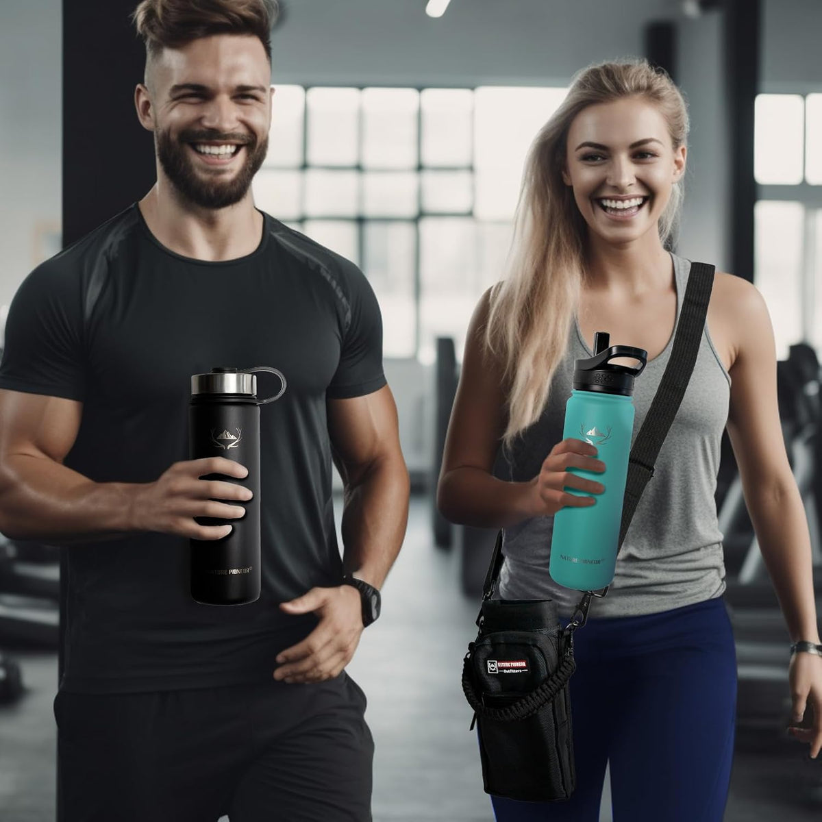 NATURE PIONEOR Insulated Water Bottles with Carrier Holder Sleeve - 24 ounce Stainless Steel Water Bottle with 3 Lids,straw,Keeps Hot and Cold