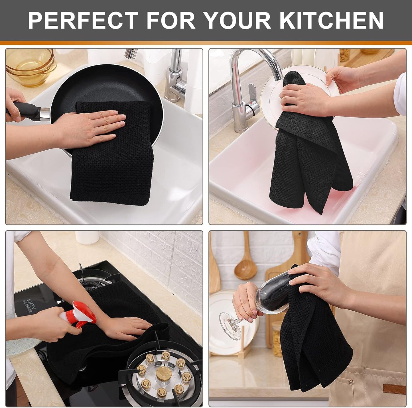 Kitinjoy 100% Cotton Waffle Weave Kitchen Towels, 6-Pack Super Soft and Absorbent Dish Towels for Drying Dishes, Kitchen Hand Towels, 13 in x 28 in, Black