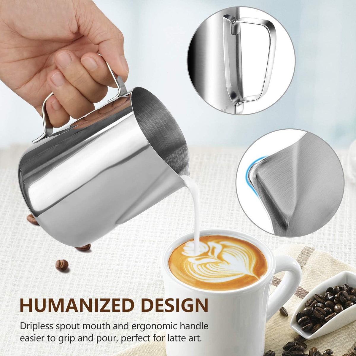 HOOMIL Milk Frothing Pitcher, 20oz/600ml Stainless Steel Steaming Pitcher Barista Milk Frother Cup Jug for Espresso Machine Coffee Cappuccino Latte Art - Silver