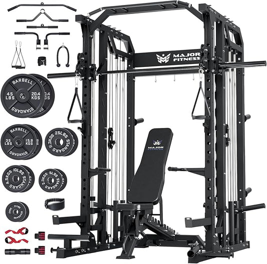 Major Fitness Drone2 Smith△ Machine – All-in-One Home Gym Squat Rack with Weight Bar, Dual LAT Pull-Down Systems & Cable Crossover Machine for Full-Body Workouts