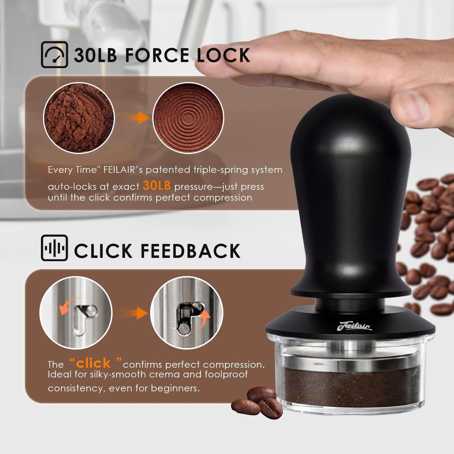 53mm Espresso Tamper, Triple Spring Loaded Tamper, Coffee Tamper with Stainless Steel Ripple Base, Self Leveling Tamper for Barista, Compatible with 53mm/54mm Breville Portafilter
