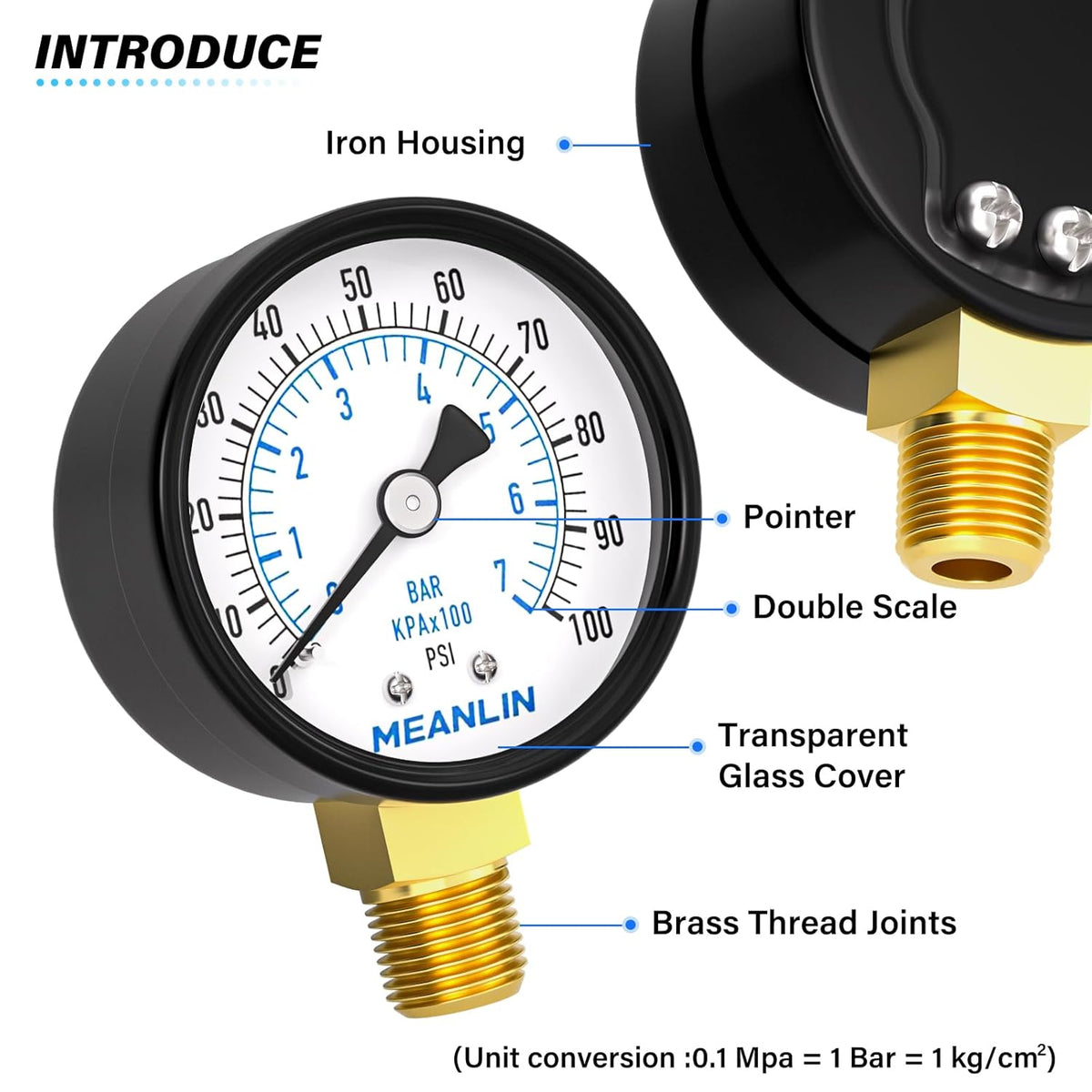MEANLIN MEASURE 0-100Psi 2" DIAL FACE 1/4" NPT Well Pump Pressure Gauge, with 1/2" NPT and 3/8" NPT Hex Bushing, 3-2-3% Accuracy, Lower Mount