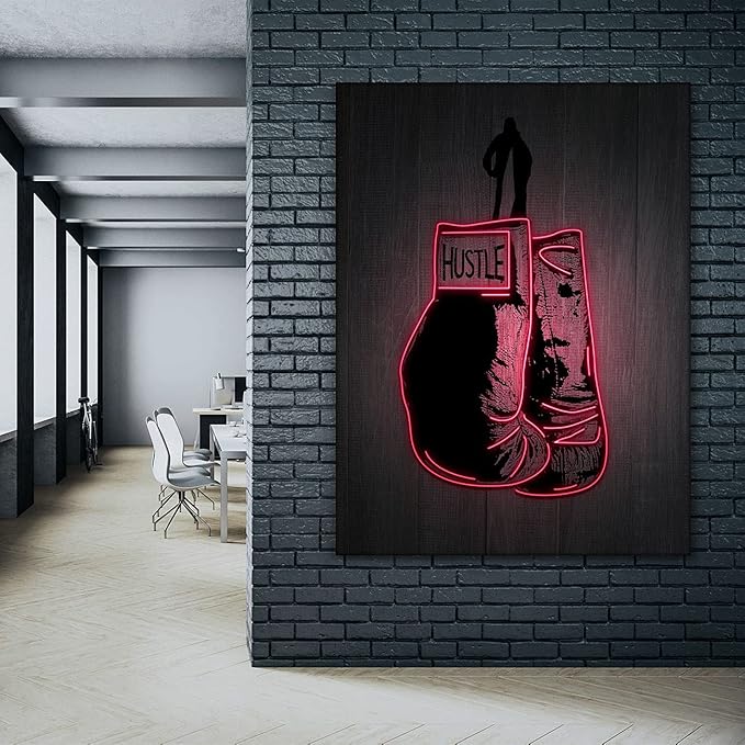 Boxing Gloves Neon Canvas Print Motivational Canvas Print Wall Art Office Decor, Entrepreneur Motivation, Hustle Artwork, Boxing Neon Print, Fighter Gym Sign, Hustler Art Neon Sign (18" x 12")