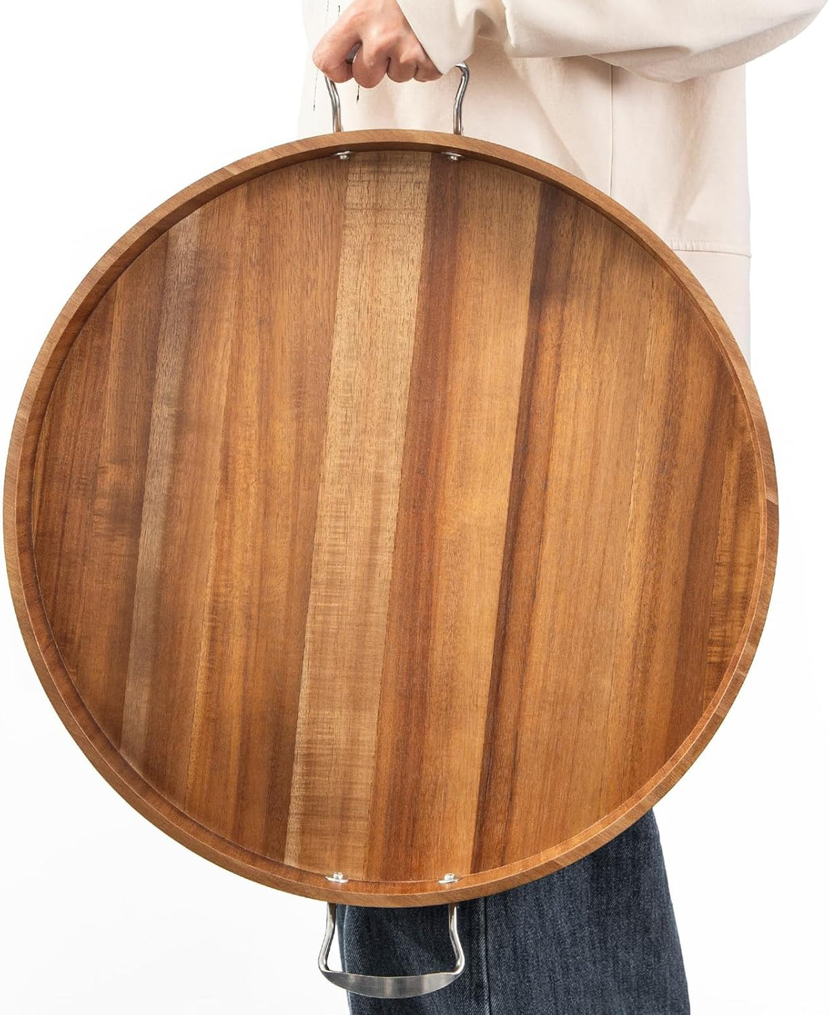 Ottoman Tray with Handles, 20 Inch Round Ottoman Tray Large Trays for Ottomans Wooden Serving Tray Decorative Trays for Living Room, Party, Breakfast, Drinks, Snacks, Appetizers