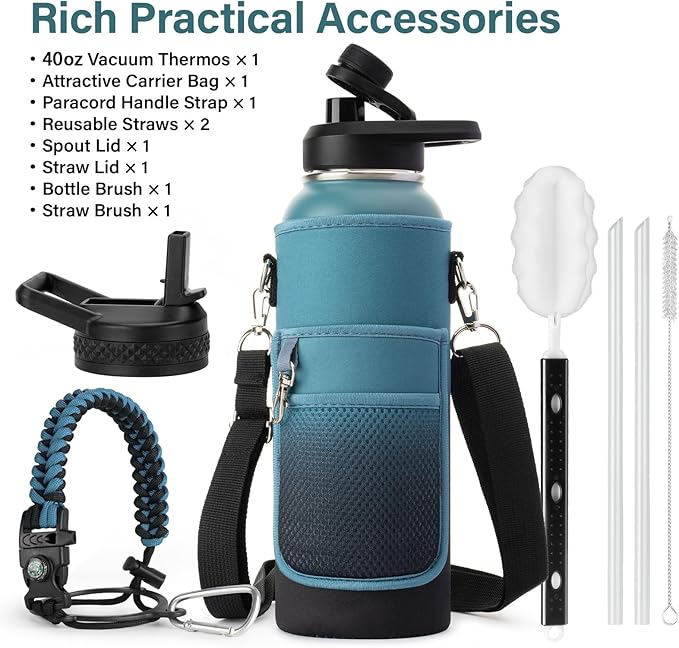 40 oz Insulated Water Bottle | Thickened Stainless Steel Vacuum Metal | Portable Sports Water Jug for Gym and Hiking with Straw, Carrier Bag, Handle Strap | BPA-Free 40 oz