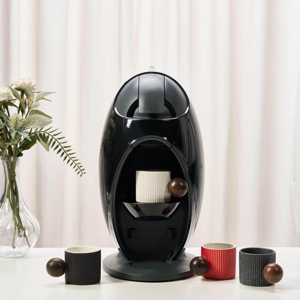 Ceramic Mini Espresso Cups Demitasse Cups with Round Wooden Handle Vertical Stripes Tea Cups (black, 4pcs)