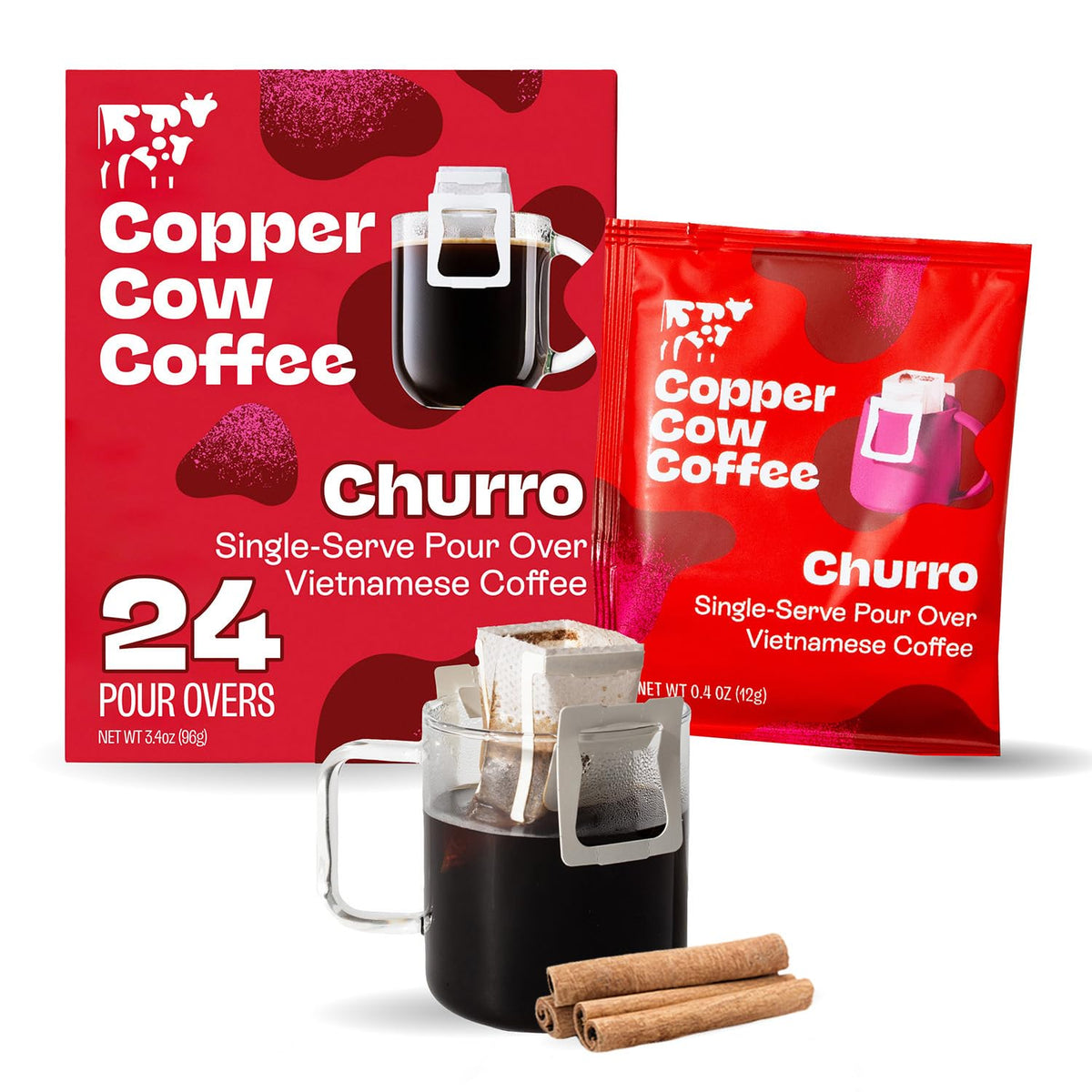 Copper Cow Premium Pour Over Single-Serve Vietnamese Coffee | Churro | Dark Roast | Flavored with Real Cinnamon | Includes 24 Coffees