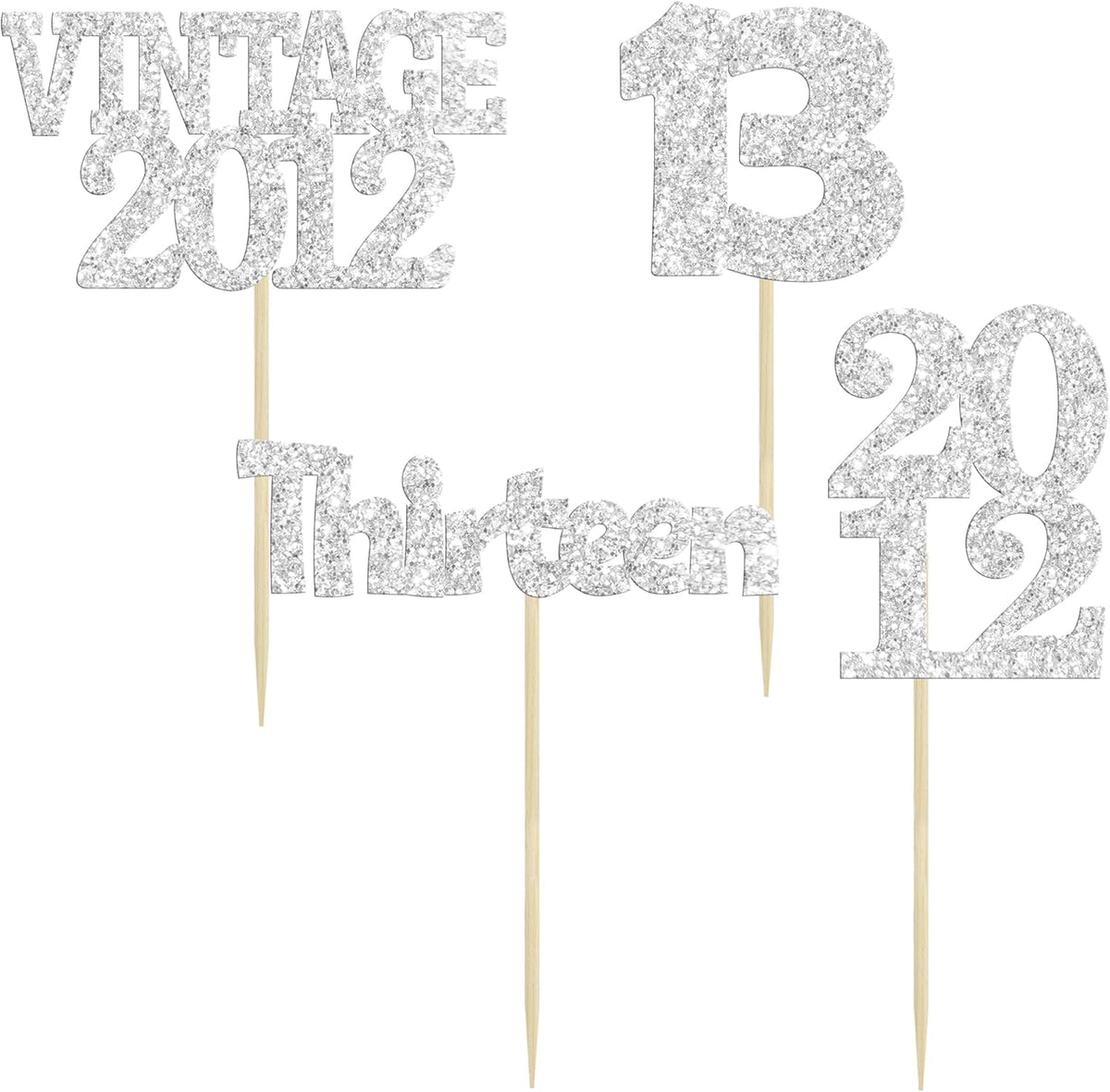 Gyufise 24Pcs 13th Birthday Cupcake Toppers Glitter Thirteen Vintage 2012 Hello 13 Years Birthday Cupcake Picks Official Teenager 13 Cake Decorations for Happy 13th Anniversary Party Silver