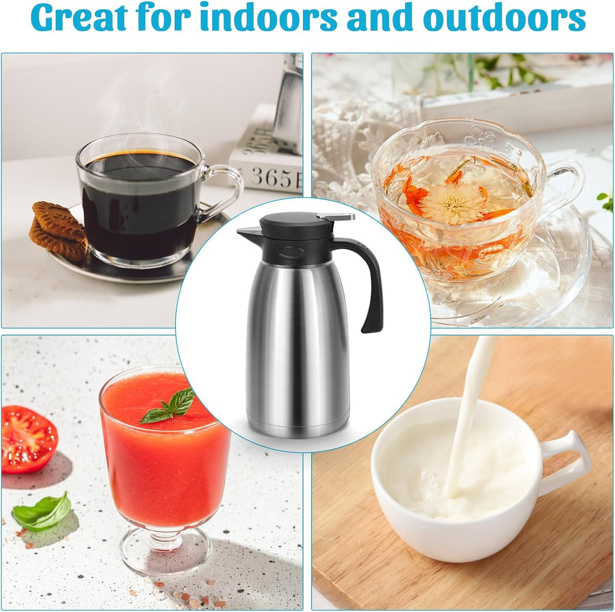 70oz Thermal Coffee Carafe, Double Wall Vacuum Thermos for Hot Drinks, Stainless Steel Carafe for Hot Liquids Large Tea Thermos for Home School Office for Valentine's Day (Classic Silver)