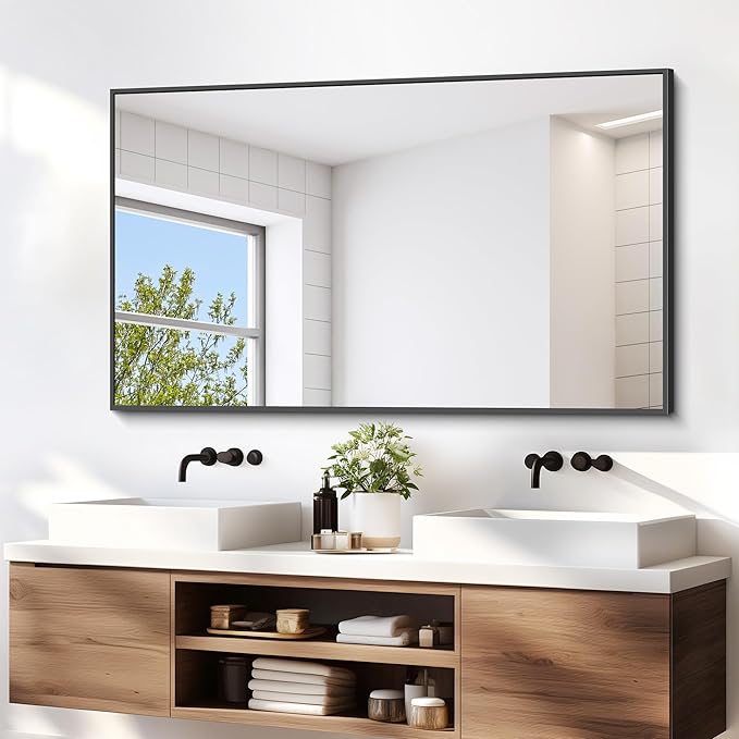 Black Bathroom Mirror for Wall, 55x36 Inch Rectangle Mirrors with Metal Frame, Modern Vanity Wall Mirror Decor for Entryway Hangs, Bathroom Living Room Horizontal or Vertical