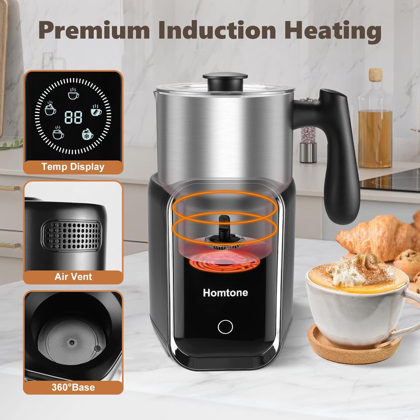 Homtone 5-in-1 Induction Milk Frother, 21oz Removable Automatic Milk Frother Dishwasher Safe for Latte, Hot Chocolate, and Hot and Cold Milk Froth, Chocolate Milk