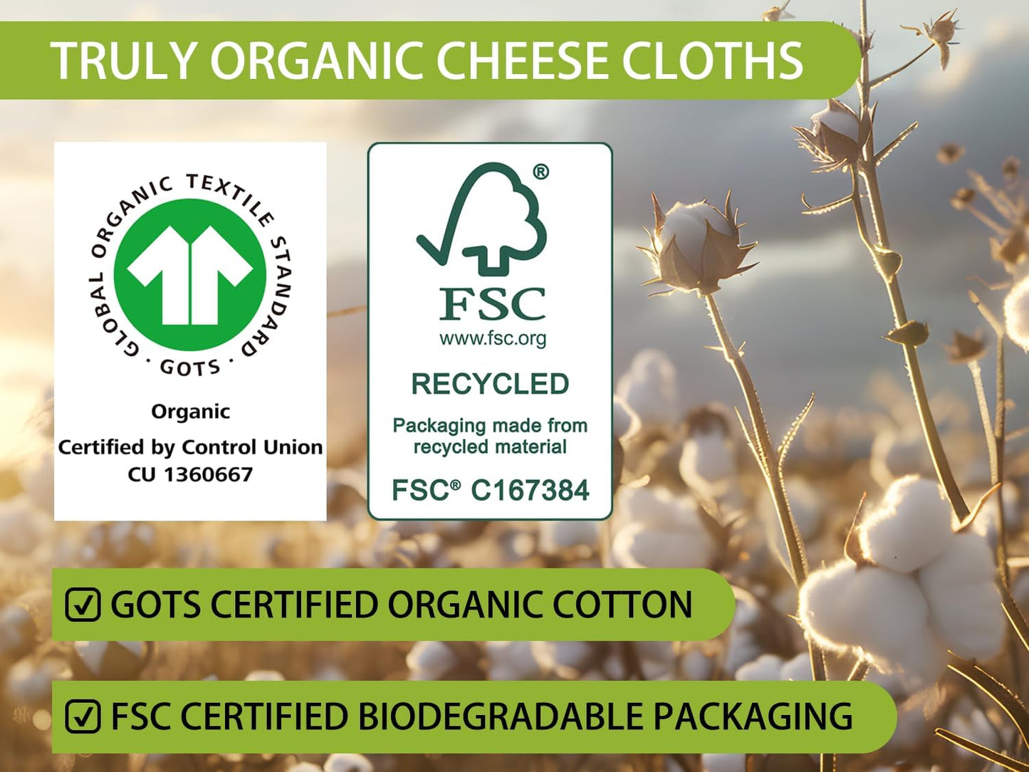 Organic Cheese Cloths, GOTS Certified, 5PCS, Grade 100, 20x20Inch Hemmed Cheese Cloth Fabric Reusable Fine Mesh Cloth, 100% Cotton Unbleached Muslin Cheesecloth for Straining, Cooking, Butter,Tofu,Tea