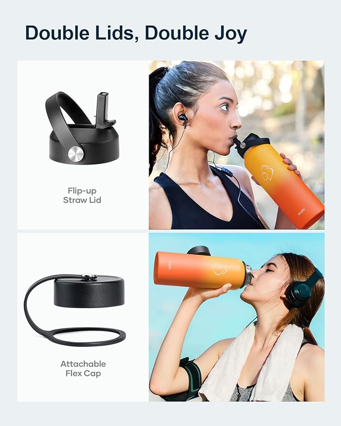 BUZIO 40oz Insulated Water Bottle, Triple Wall Vacuum Stainless Steel Water Flask with 2 lids, Lead-Free BPA-Free Straw Lid Sports Canteen Jug, Cold 48H & Hot 24H- Yellow Orange