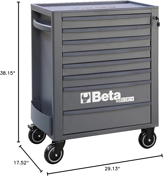 Beta RSC24 Heavy Duty Rolling Tool Cabinet, 8 Drawers, Grey, Ball Bearing Slides, Rubber Mat Liners, 5" Casters, Anti-Fall Edge Worktop, 1760 lbs Load Capacity, Made in Italy