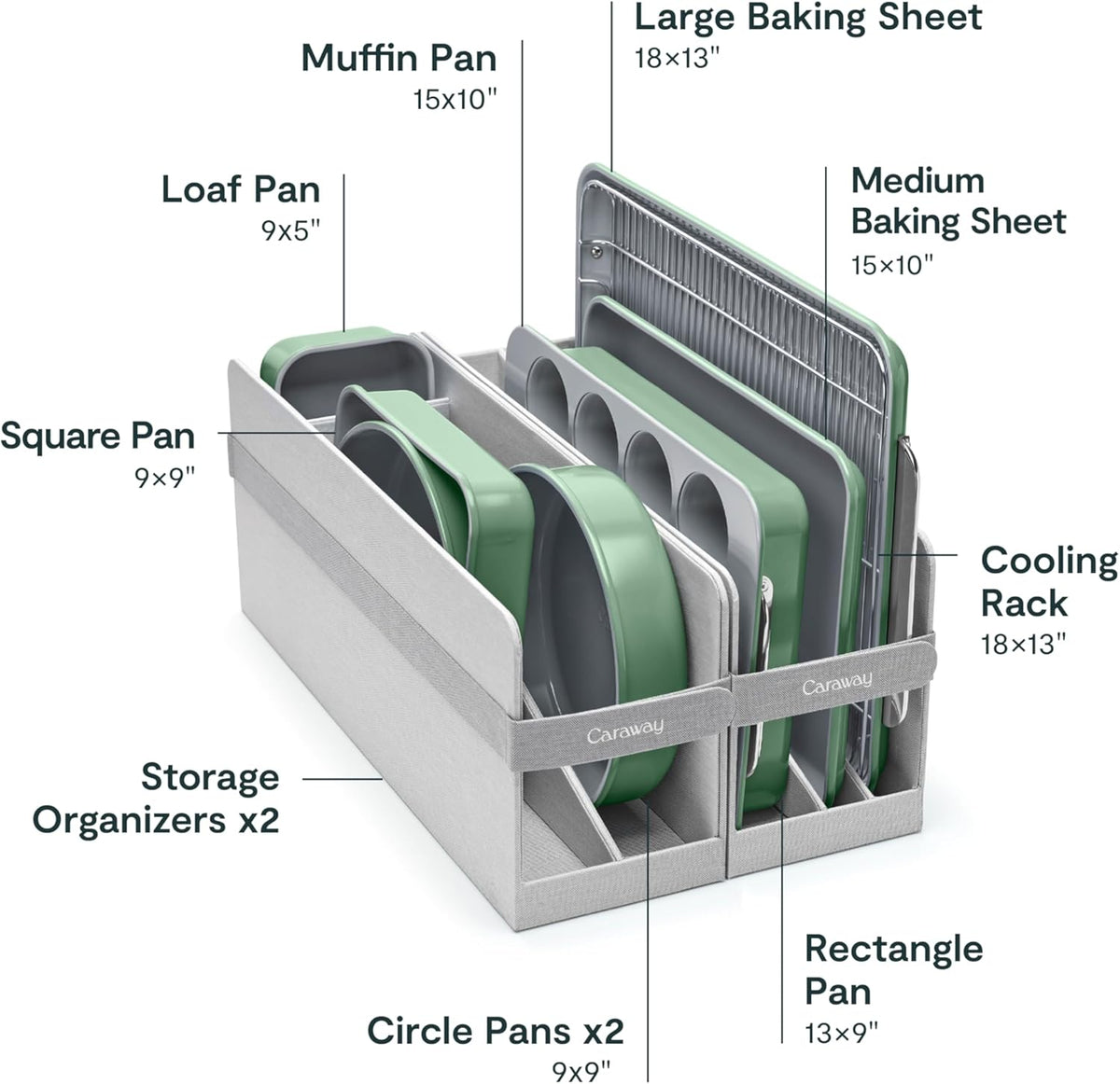 Caraway Nonstick Ceramic Bakeware Set (11 Pieces) - Baking Sheets, Assorted Baking Pans, Cooling Rack, & Storage - Aluminized Steel Body - Non Toxic, PTFE & PFOA Free - Sage