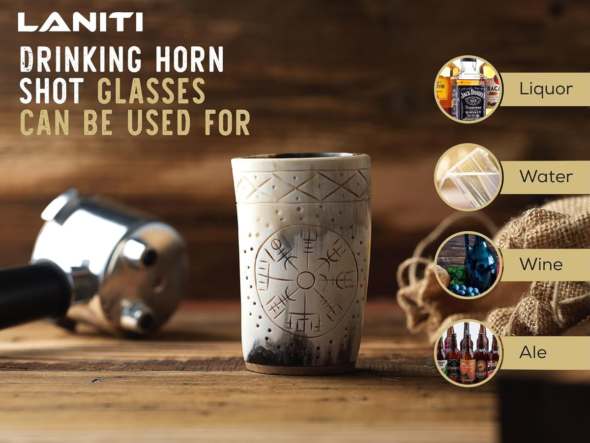 Ox Horn Shot Glass Set of 4 – Handcrafted Viking Cups with Unique Engraved Design – Cool Norse Horn Shot Glasses for Ancient Age Whiskey, Mead & Spirits – Rustic Gift for Men, Barware Collection