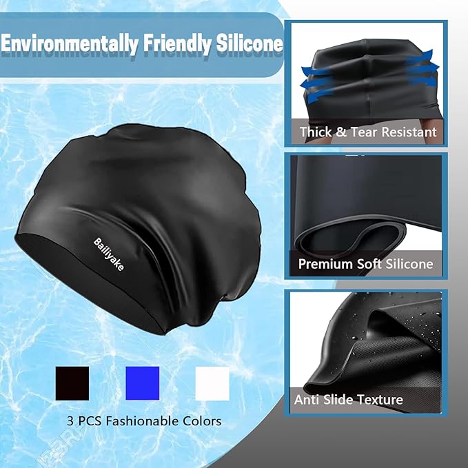 3 Pack Extra Large Swim Cap for Braids & Dreadlocks - Waterproof Silicone Swim Hat for Women with Long Thick Hair, Protective Swim Cap Cover Ears for Swimming, Shower, Bathing