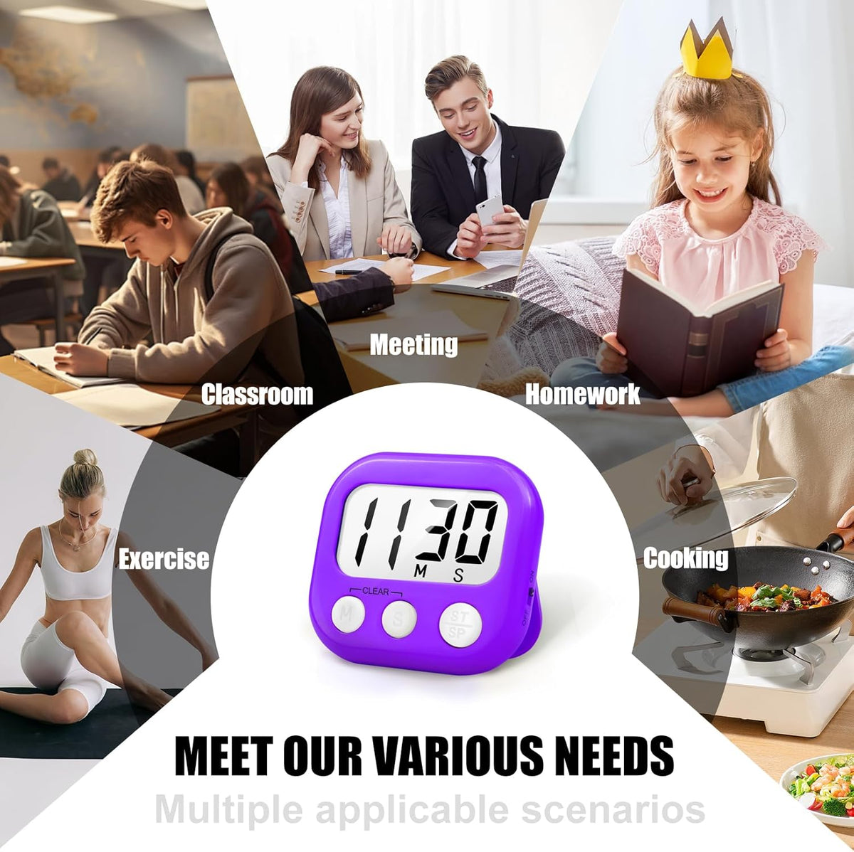 2 Pack Digital Kitchen Timer for Cooking Big Digits Loud Alarm Magnetic Backing Stand Cooking Timers for Baking Purple