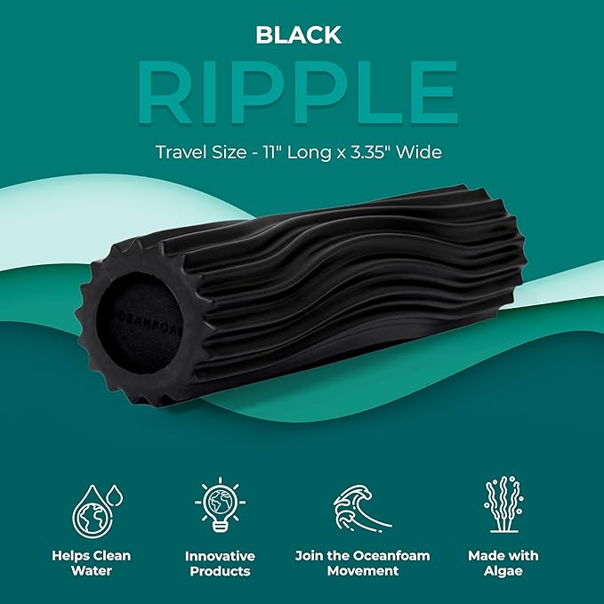 Oceanfoam Ripple Travel Foam Roller (11" x 3.35") Firm Mini Foam Roller for Physical Therapy, Deep Tissue Massage, Back Pain - High Density, Ergonomic Wave Textured - Yoga, Pilates, Exercise (Black)
