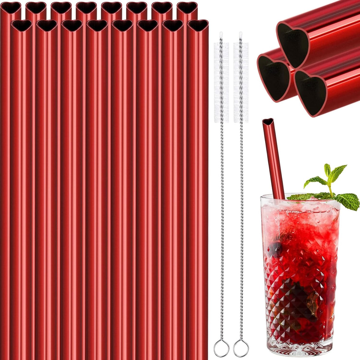 NiHome 16-Pack Heart-Shaped Stainless Steel Drinking Straws with 2 Cleaning Brushes, 8.5" Long Reusable Straws for Stanley Tumbler 14oz, Dishwasher Safe, Safe Edges for Kids (Pearl Red)
