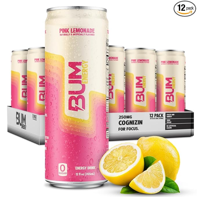 BUM Sugar-Free Energy Drink, Pink Lemonade - Lightly Carbonated & No Artificial Colors, Natural Caffeine & Citicoline for Energy & Focus, Brain Boost & Workout Sports Beverage - 12 oz, Pack of 12