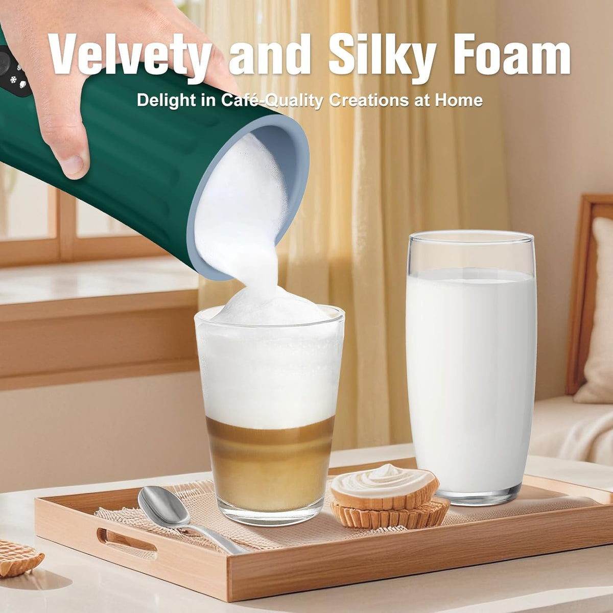 Electric Milk Frother, 4-in-1 Milk Steamer and Frother, 8.1oz/240ml Automatic Warm and Cold Foam Maker, Auto Shut-Off Frother for Coffee, Latte, Cappuccino, Macchiato(Green)
