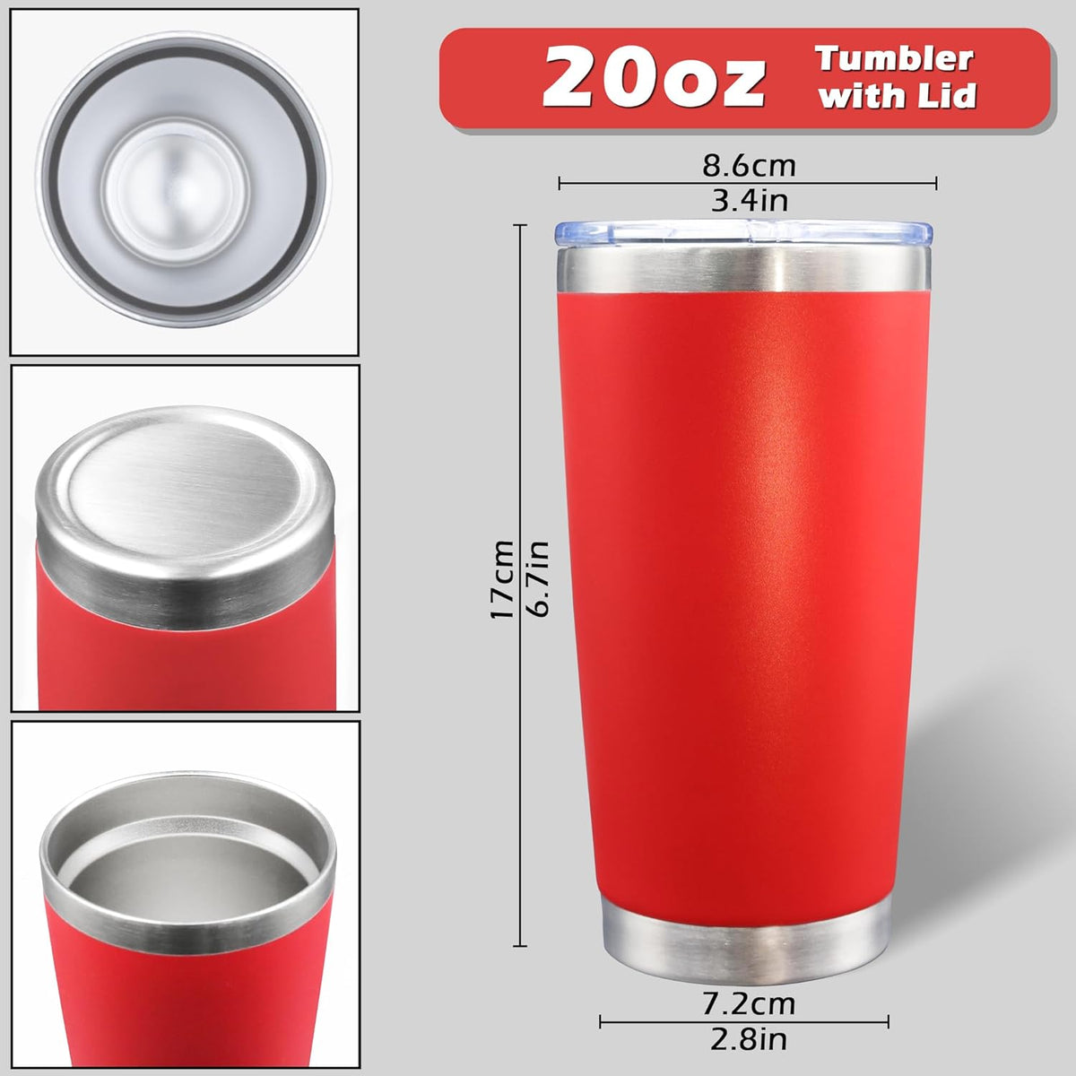 20oz Tumbler Bulk Stainless Steel Tumblers with Lid Vacuum Insulated Double Wall Travel Coffee Mug Powder Coated Tumbler Cup for Hot and Cold Drinks(Red, 1 pack)
