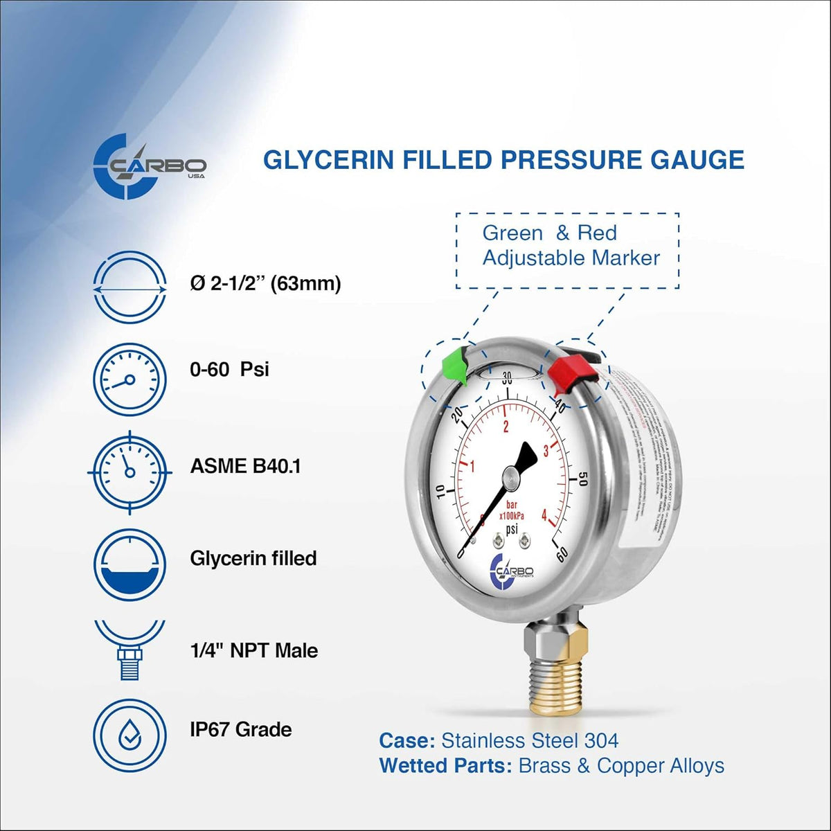 Stainless Steel Pressure Gauge Dual Display (0-60 psi/kPa) - 2 1-2" Glycerine Liquid Filled Water Air Oil Gas Gauge with Polycarbonate Lens & Brass Connection - 1/4" NPT Lower Mount