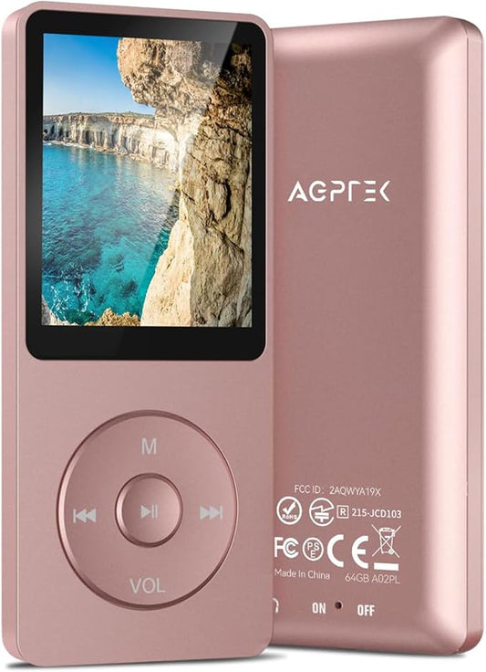 AGPTEK A02PL 64GB MP3 Player, 70 Hours Playback Lossless Sound Music Player, Supports up to 128GB(Rose Gold)