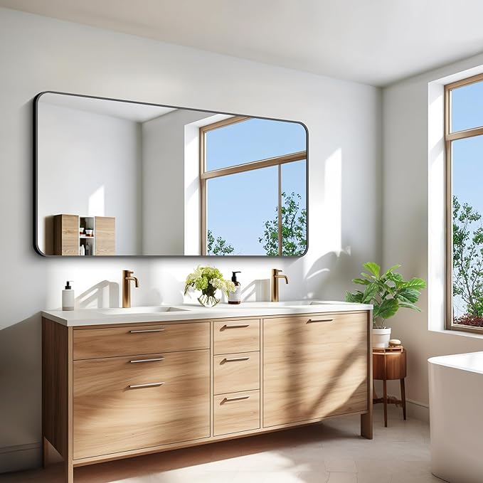 30x60 inch Bathroom Mirror,Black Rectangle Mirror,Wall Mounted Bathroom Frame Vanity Mirror with Round Corner for Bedroom Living Room, Entryway Hangs Horizontal or Vertical