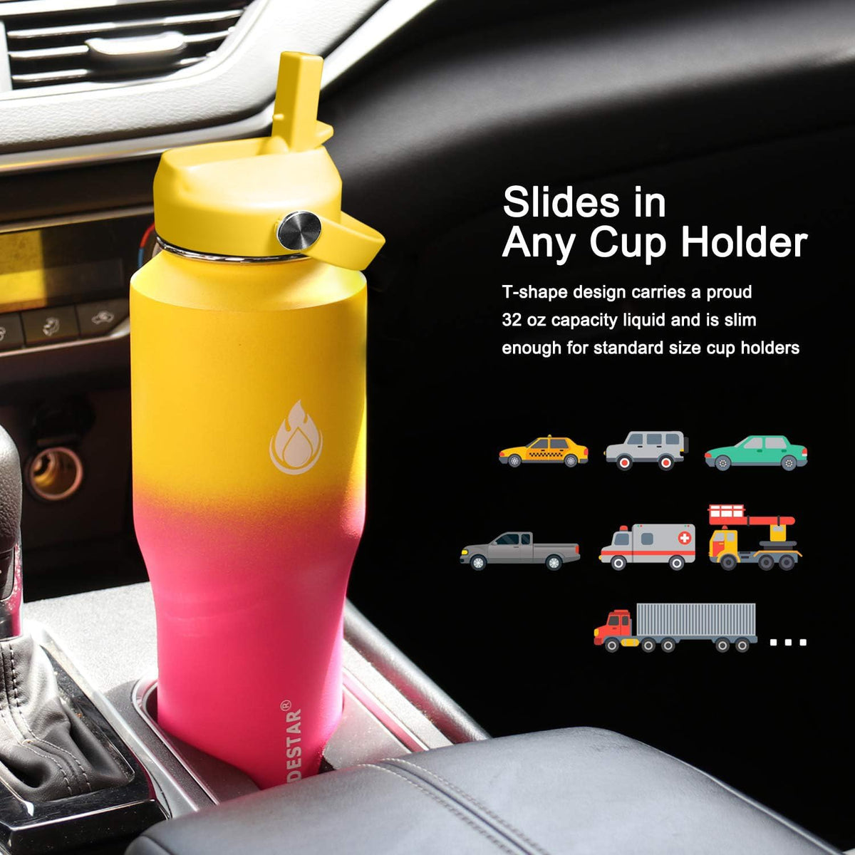 SENDESTAR 32oz Water Bottle Wide Mouth Stainless Steel Vacuum Insulated Double Wall with 2 Straw Lids Fit in Any Car Cup Holder TXIN-32-YP-1