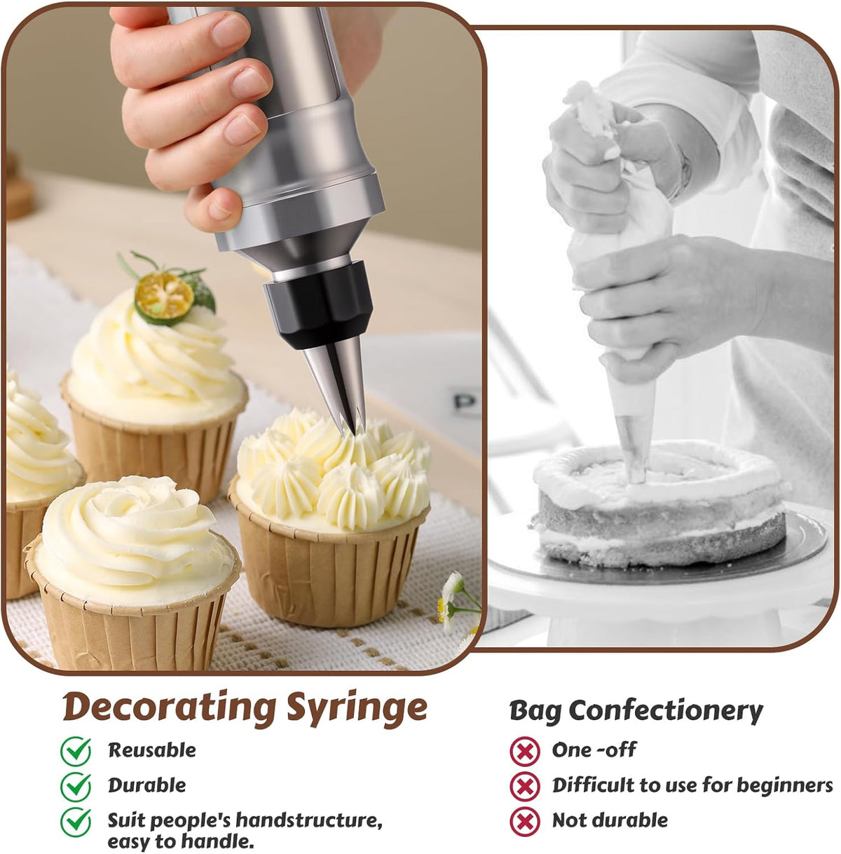 Dessert Decorating Syringe Set, Stainless Steel Frosting & Icing Piping Kit with 6 Tips and 9 Silicone Cupcakes,3 Cream Scraper for Cake Decorating Tools Cupcake Decorating Kit