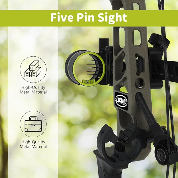 Archery 5-Pin Bow Sight - 0.019" Fiber, Brass Pin, Aluminum Machined - Right and Left Handed, with Hi-Vis Level for Archery, Hunting, Shooting