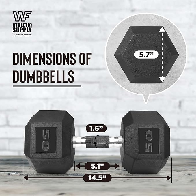 WF Athletic Supply Rubber Encased Hex Dumbbells with Rubber Grip Contoured Handle for Muscle Toning, Strength Building & Full Body Workout