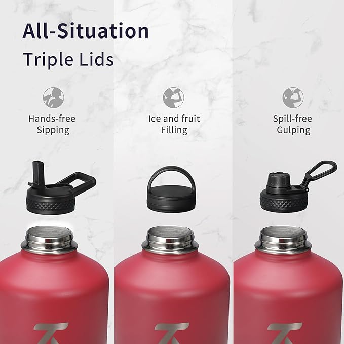 Trebo 1 Gallon Water Bottle Insulated with Paracord Handle and Straw,128oz Vacuum Double Wall Stainless Steel Large Jug,Keep Ice Cold 48hrs, Leakproof Sports Gym Flask for Men Women, Ruby Red