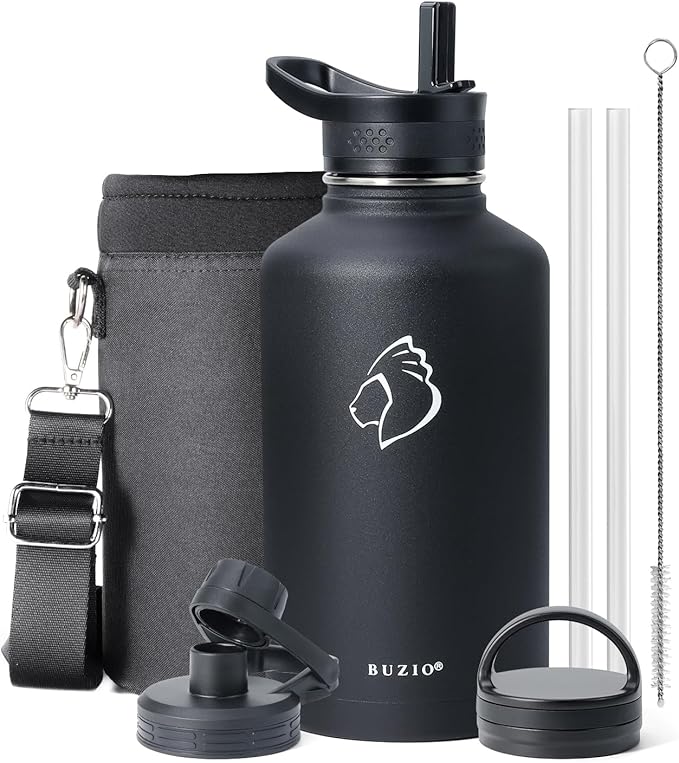 BUZIO 64 oz Water Bottle Insulated with Straw & 3 lid and Carrying Pouch, Leak Proof Half Gallon Stainless Steel Water Flask Jug, Cold for 48 Hrs Double Vacuum Thermo Canteen, BPA-Free, Black