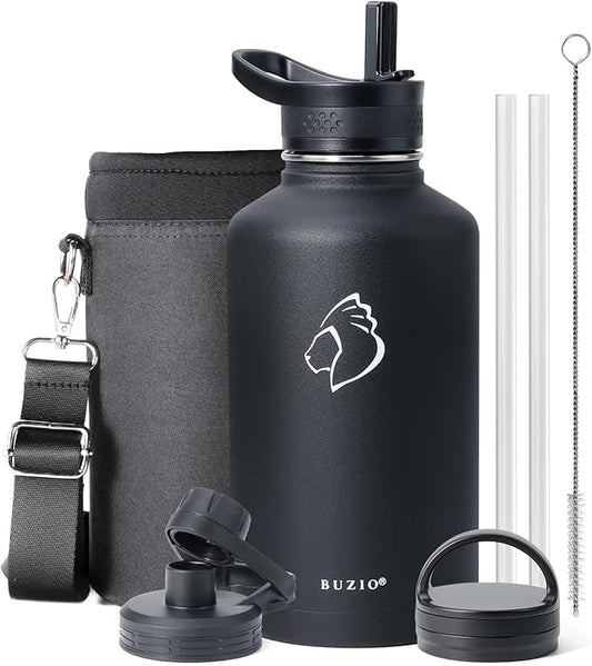 BUZIO 64 oz Water Bottle Insulated with Straw & 3 lid and Carrying Pouch, Leak Proof Half Gallon Stainless Steel Water Flask Jug, Cold for 48 Hrs Double Vacuum Thermo Canteen, BPA-Free, Black