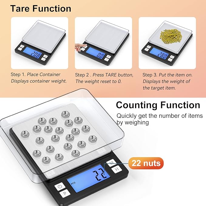 BOMATA Upgraded Small Food Scale, 0.1 g/0.001 oz High Precision, 3000 g/6.6 lb, with New Hold Function and Larger Display, USB Rechargeable, Digital Kitchen Scale for Small Item, Jewelry. Black