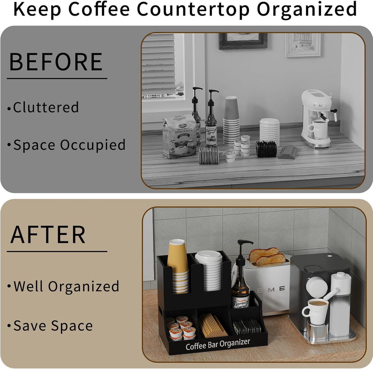 Coffee Station Organizer, Wooden Coffee Bar Organizer for Countertop, Condiment and Cup Storage Organizer, Bar Accessories for Kitchen, Office, Home, Small Black