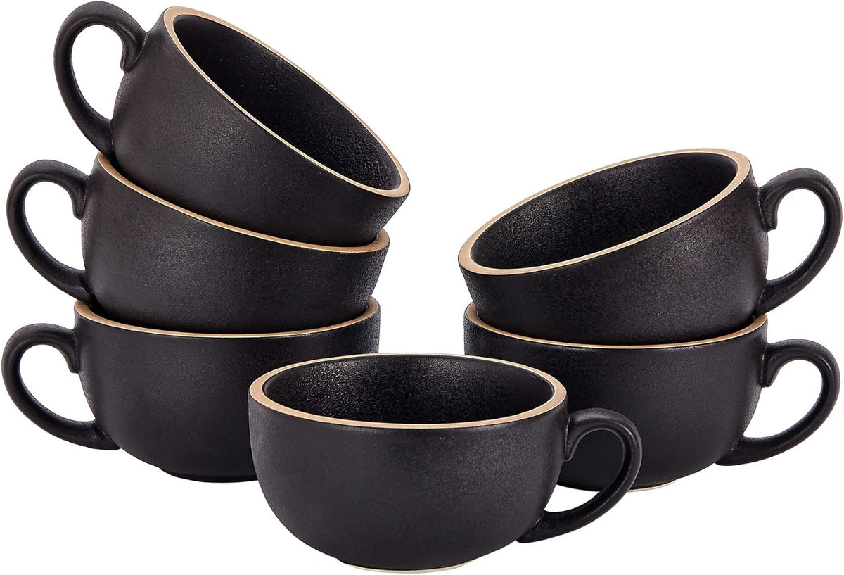 Set of 6 Cups Vintage Design 12 oz Professional Barista Ceramic Latte Art Cappuccino Cups Set (Rough Black * 6)
