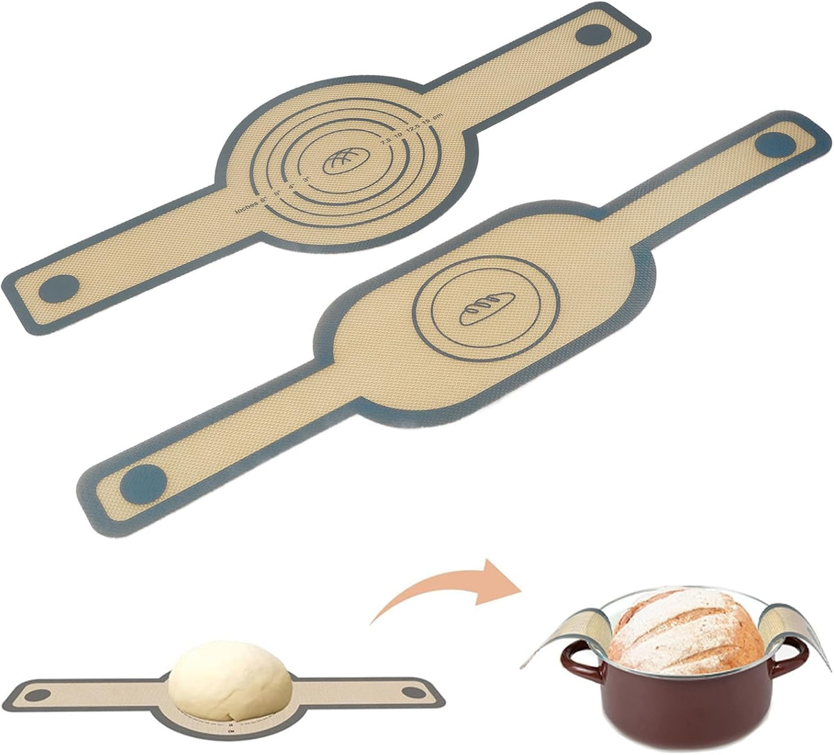 silicone baking mat Oval and Round-sourdough bread baking-supplies silicone bread sling bread making tools with Extra Long Handles, Easy and Stable to Transfer Sourdough Bread, Grey, Gray