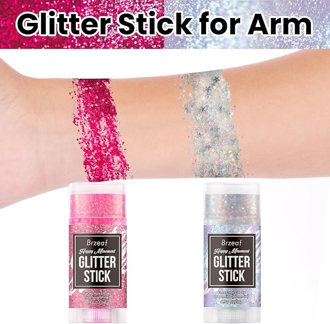 Brzeaf Waterproof Mermaid Glitter Stick, Shimmery& Long Lasting, Hair Eyeshadow Face Body Glitter, Singer Concert Music Rave Festival, Glitter Stick Makeup & Face Glitter Gel for Women Men 0.56 Oz
