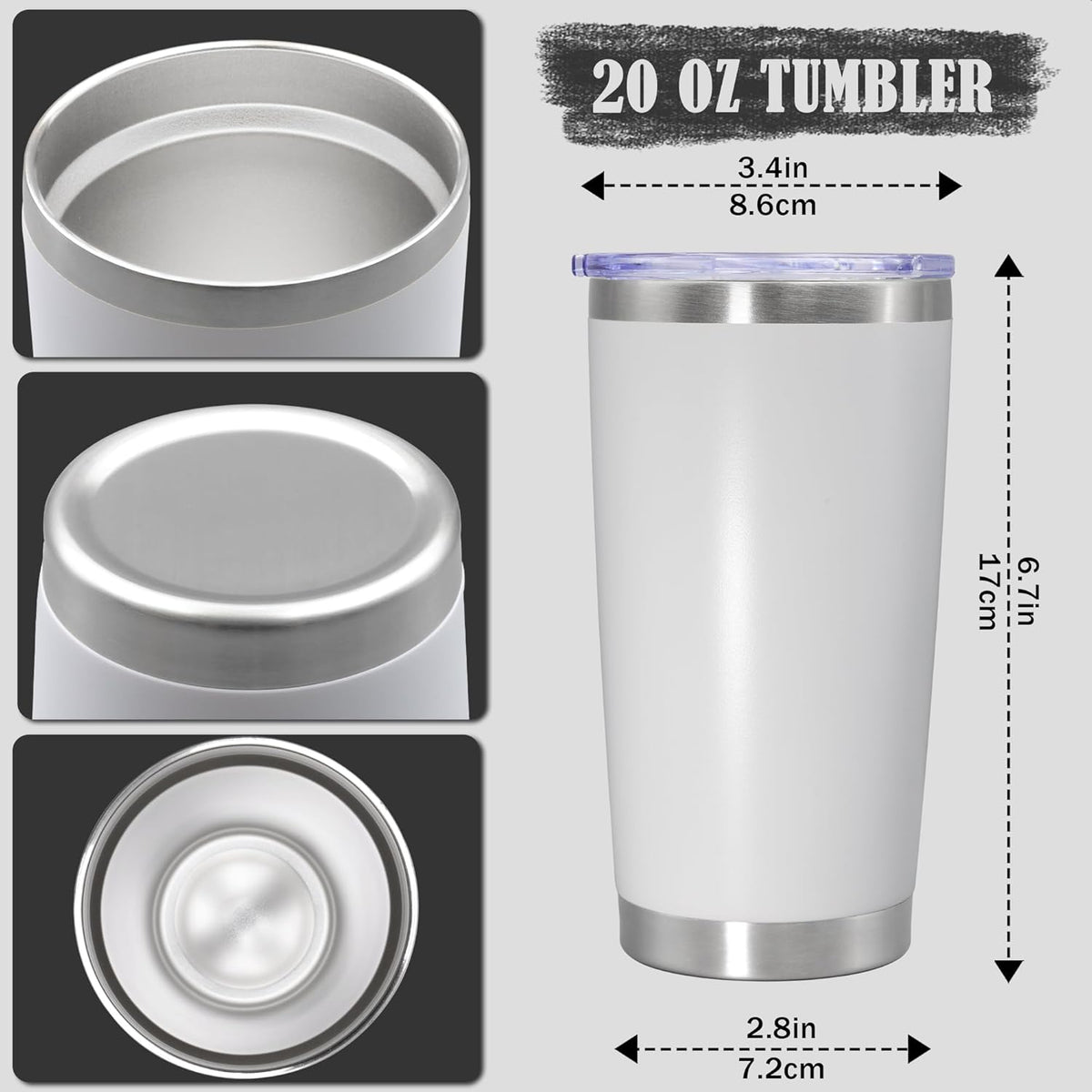 20 oz Tumbler Coffee Tavel Tumblers Bulk with Lid Stainless Steel Double Wall Vacuum Insulated Mug Powder Coated Cups fit Car Cupholder for Hot and Cold - White, 4Pack