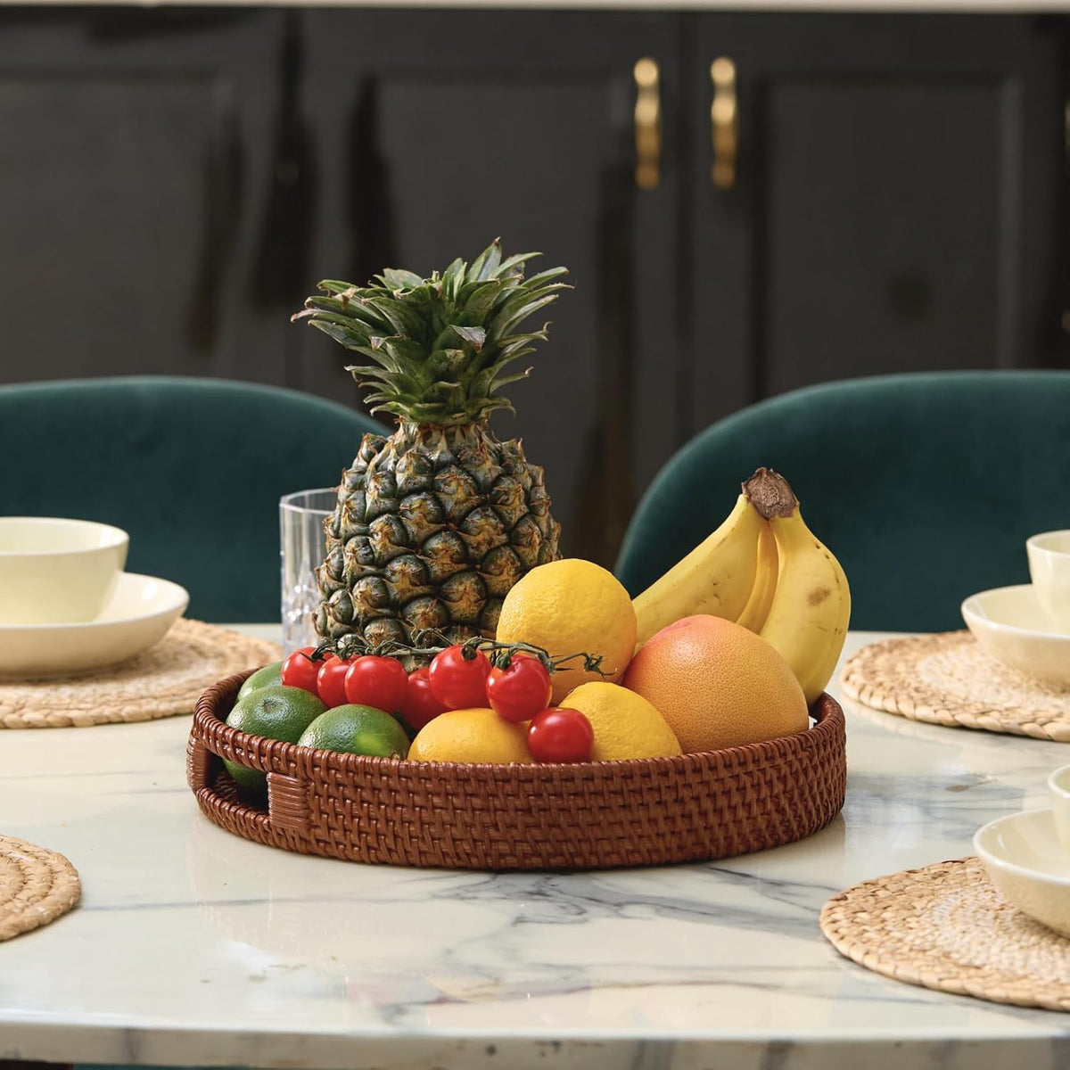 13.8 inch Round Rattan Tray, Decorative Coffee Table Tray, Ottoman Trays, Woven Serving Trays with Handles Wicker Serving Basket, Reddish-Brown